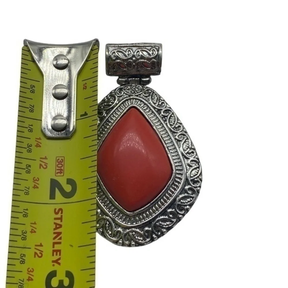 Red Coral Gemstone Sterling Silver 925 Pendant 2 5/8in
